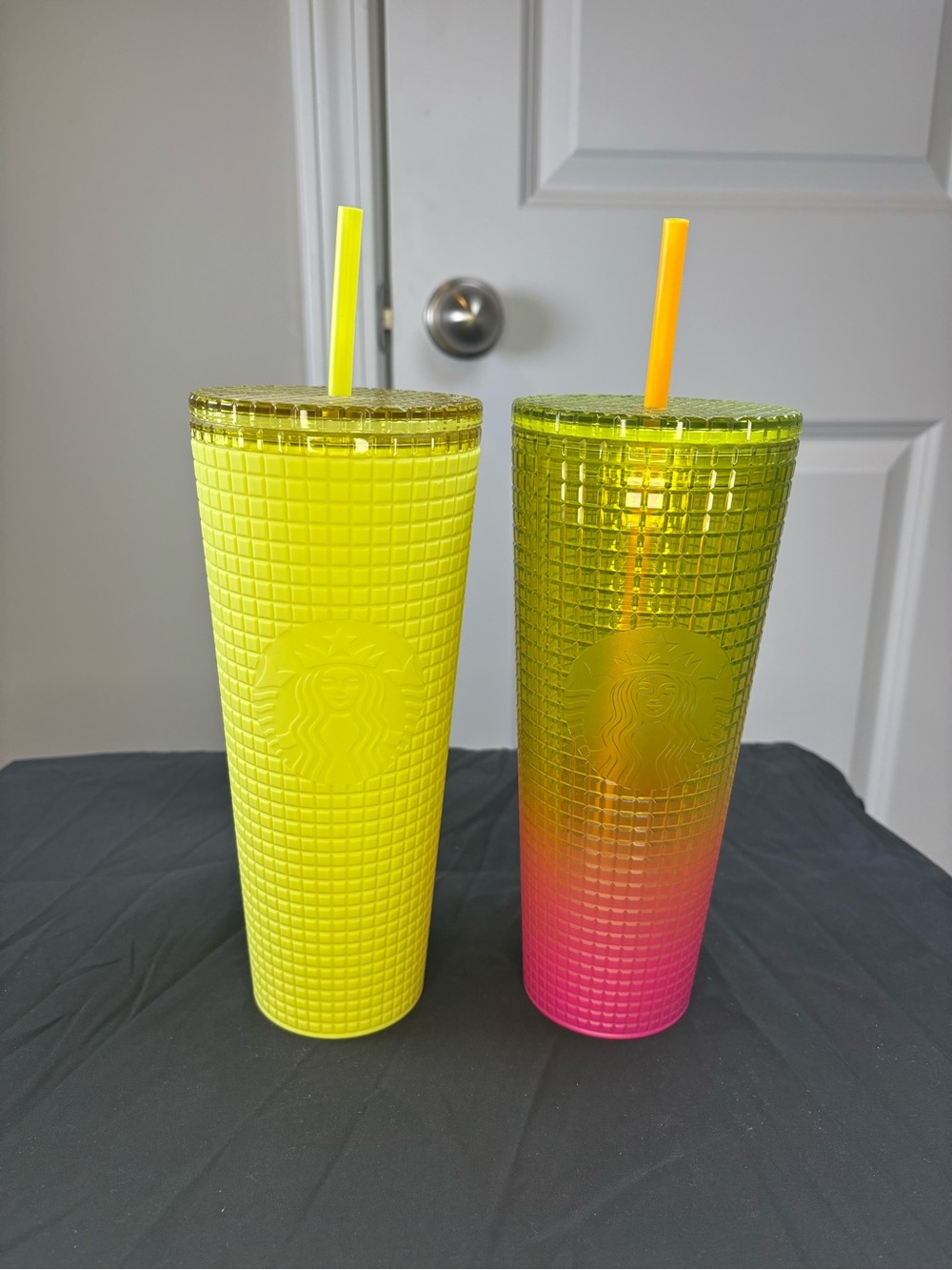 Starbucks Grid Tumbler Soft Touch Matte Yellow & Pink Ombre Venti Set NWT